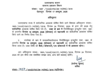 उत्तराखंड में सोमवार को महानवमी का सार्वजनिक अवकाश घोषित.. बैंक, कोषागार और उपकोषागार भी रहेंगे बंद, शासन ने जारी की अधिसूचना.. रिपोर्ट- (ब्यूरो) “स्टार खबर” नैनीताल..